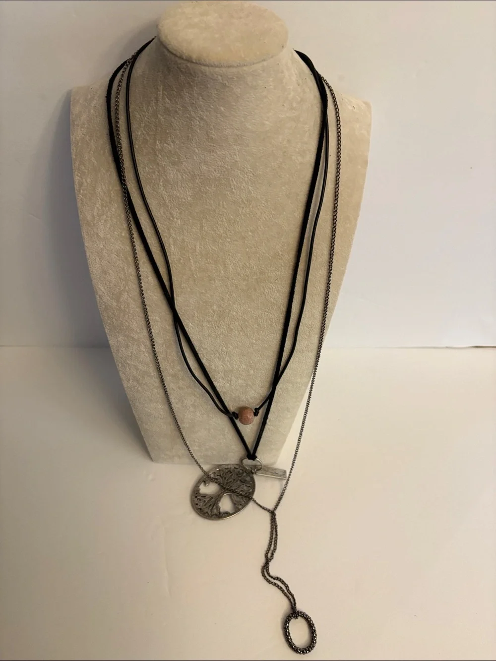 Boho Bundle of 3 Black Cord and Gunmetal Tree of Life Necklace with Pink Accent - Picture 2 of 10